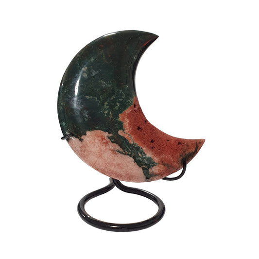 Bloodstone & Pink Amethyst Crescent Moon on Stand